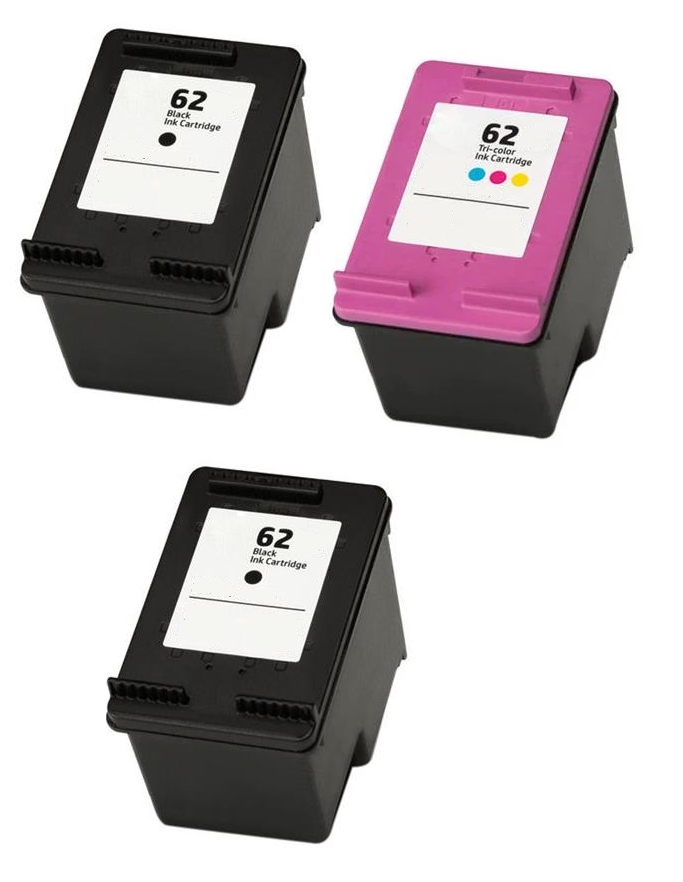 2 x Remanufactured HP 62 Black and 1 x HP 62 Colour High Capacity Ink Cartridges
